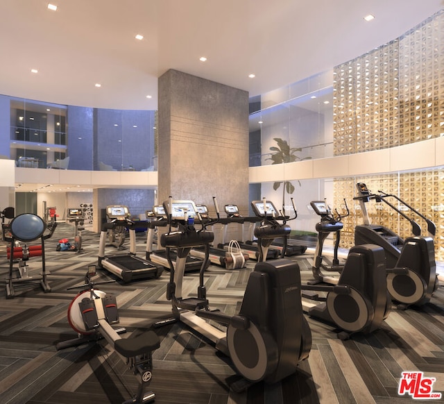 workout area featuring a towering ceiling and carpet floors