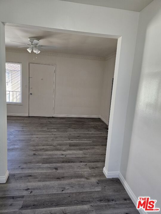 entryway with ceiling fan and dark hardwood / wood-style floors