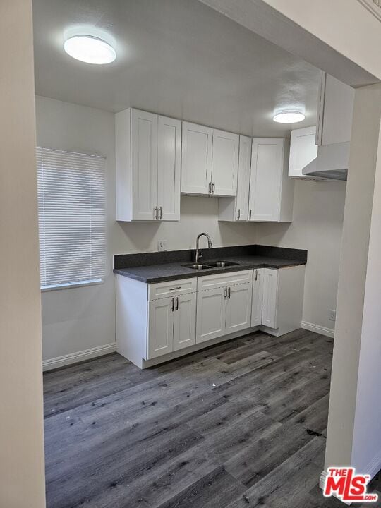 kitchen with dark wood-type flooring, white cabinetry, and sink