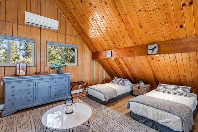 bedroom with a wall mounted AC, wood walls, lofted ceiling, wood ceiling, and light wood-type flooring