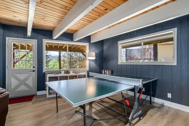 playroom featuring hardwood / wood-style flooring, a healthy amount of sunlight, and beam ceiling