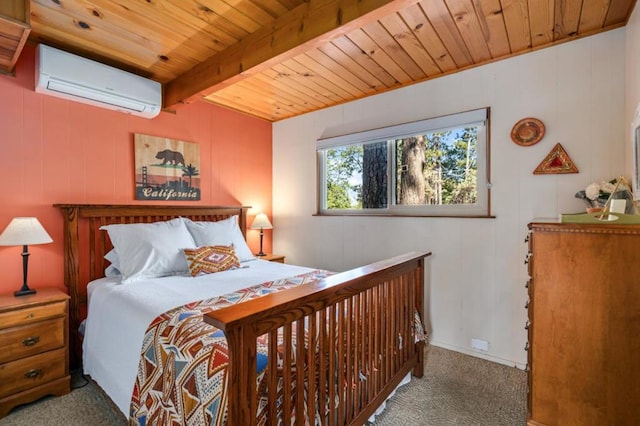 bedroom featuring beamed ceiling, carpet floors, wood ceiling, and a wall unit AC