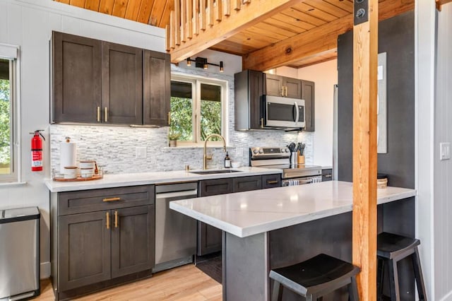 kitchen featuring a kitchen breakfast bar, sink, wood ceiling, and stainless steel appliances