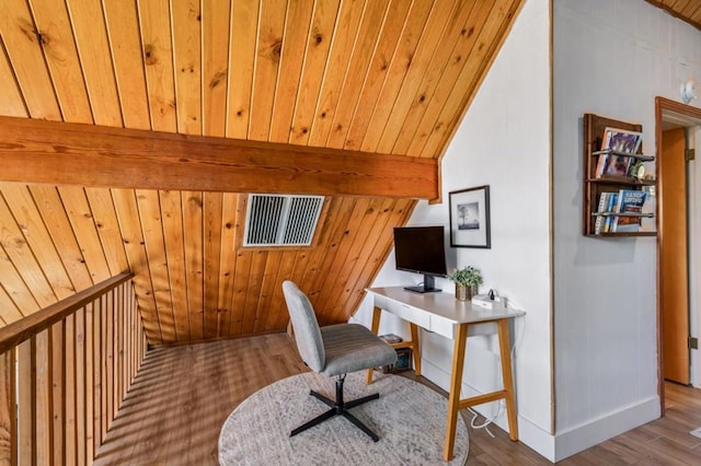 office space with vaulted ceiling with beams, hardwood / wood-style flooring, wooden walls, and wood ceiling