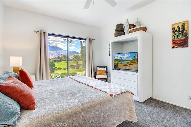 bedroom featuring carpet flooring, ceiling fan, and access to outside