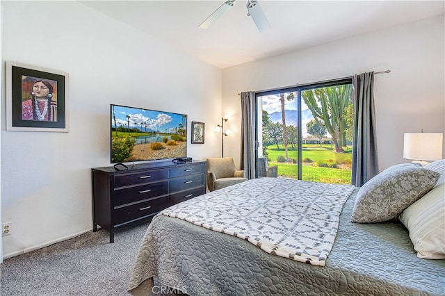 carpeted bedroom featuring access to outside and ceiling fan