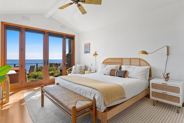 bedroom with vaulted ceiling with beams, a water view, access to outside, ceiling fan, and light hardwood / wood-style floors