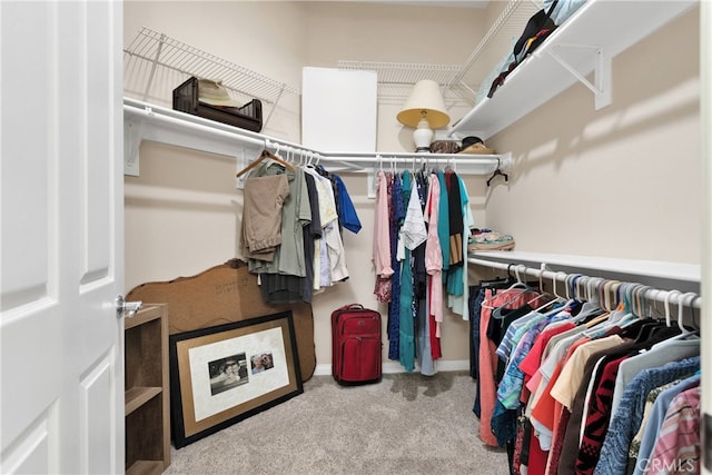 walk in closet featuring light carpet