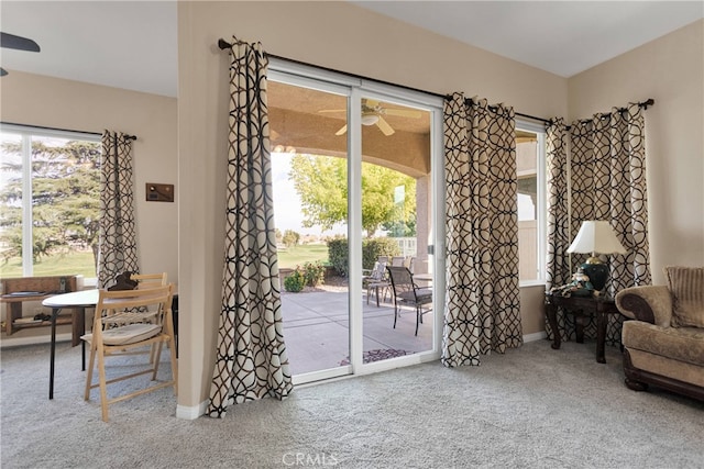 interior space featuring a healthy amount of sunlight, ceiling fan, and carpet