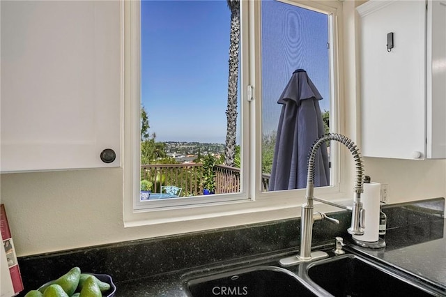 interior details featuring white cabinets and sink