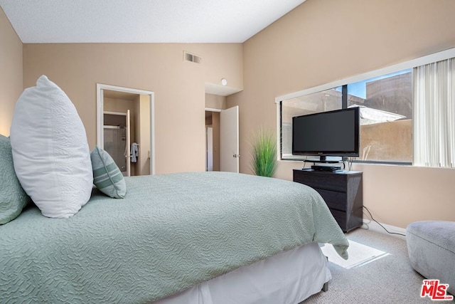 carpeted bedroom with vaulted ceiling