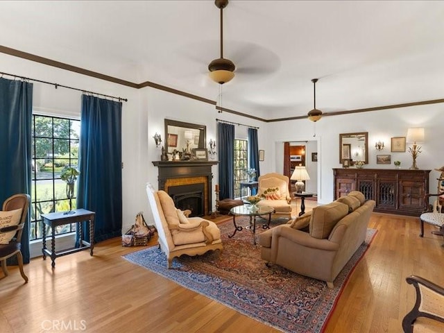 living room with crown molding, ceiling fan, and light wood-type flooring