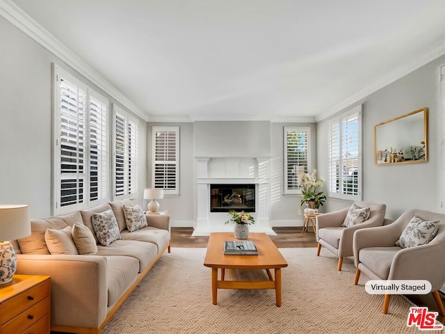 living room with crown molding and light hardwood / wood-style flooring