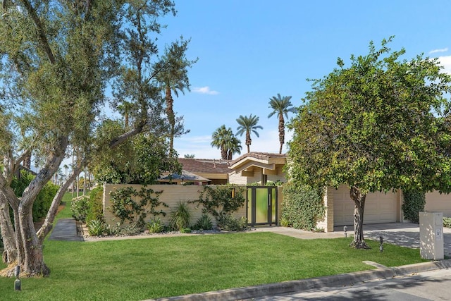 view of property hidden behind natural elements featuring a front lawn and a garage