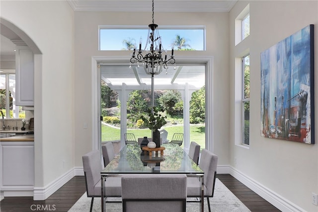 dining area featuring dark wood-type flooring, a notable chandelier, and a wealth of natural light