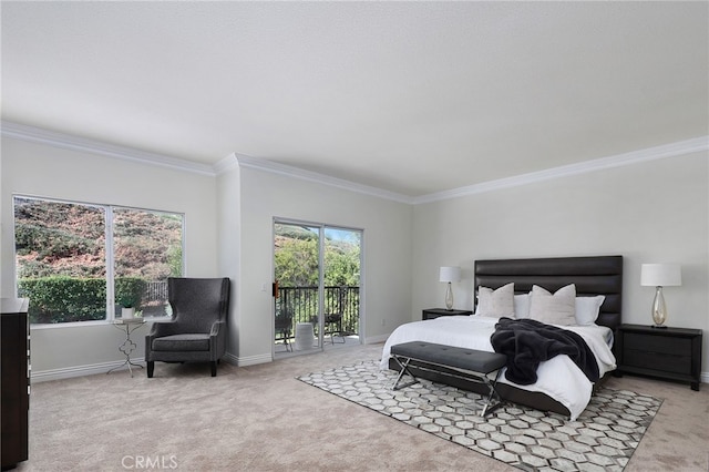 carpeted bedroom featuring ornamental molding and access to exterior