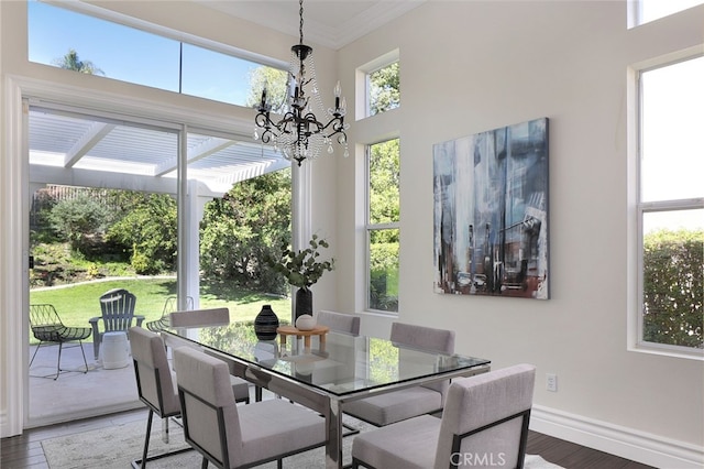 dining room with wood-type flooring, ornamental molding, an inviting chandelier, and a healthy amount of sunlight