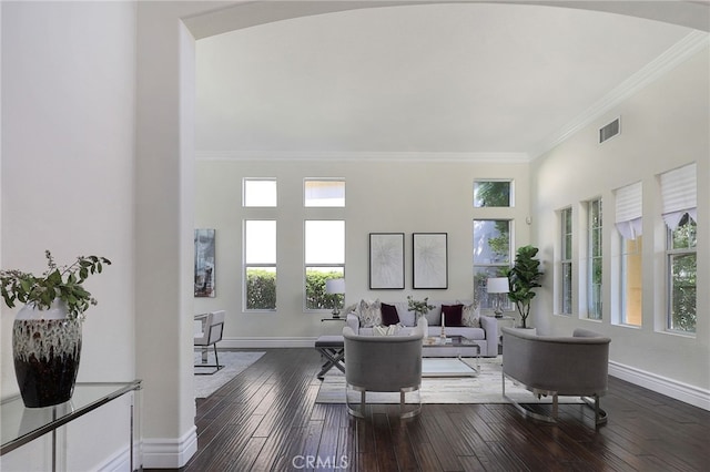 living room with crown molding, dark wood-type flooring, and a high ceiling