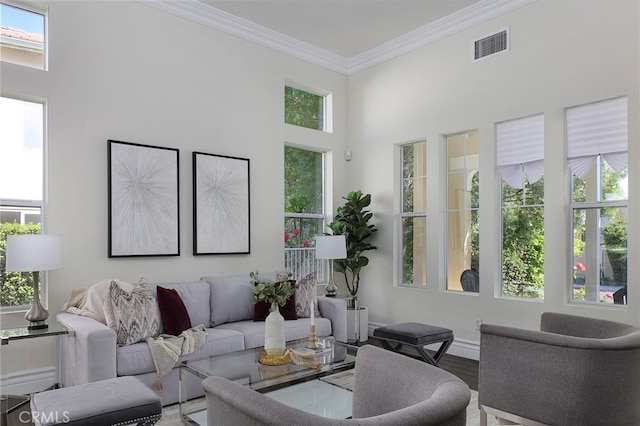 living room with hardwood / wood-style flooring, crown molding, plenty of natural light, and a high ceiling