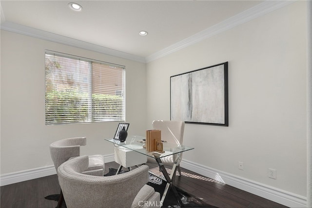 office space featuring ornamental molding and dark hardwood / wood-style flooring