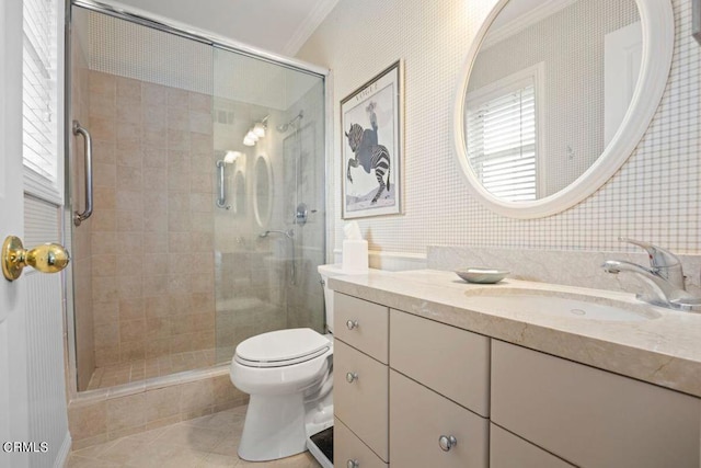 bathroom with toilet, walk in shower, tile patterned floors, and ornamental molding