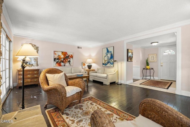 living room with hardwood / wood-style flooring, a textured ceiling, and ornamental molding