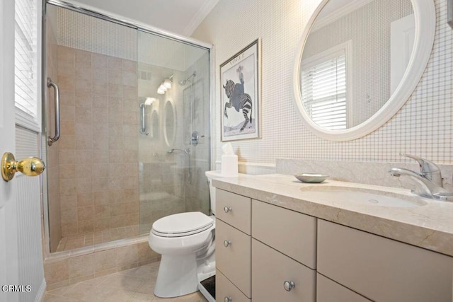 617 Pleasant Ave, Ojai, CA 93023 - full bath featuring a shower stall, tile patterned floors, vanity, and crown molding