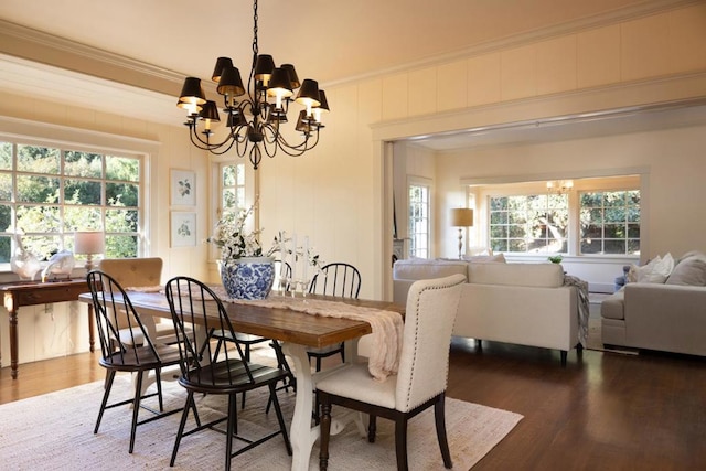 dining area featuring hardwood / wood-style flooring, ornamental molding, a healthy amount of sunlight, and a notable chandelier