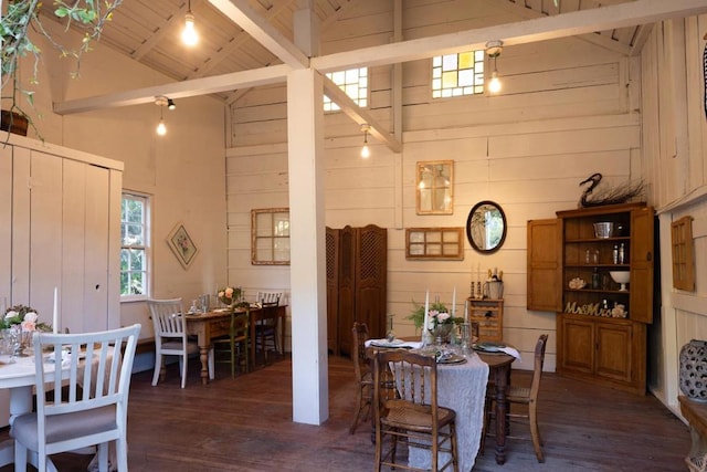 dining space featuring beam ceiling, high vaulted ceiling, dark hardwood / wood-style floors, wood walls, and wood ceiling