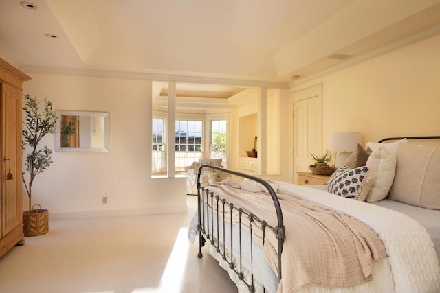 carpeted bedroom featuring a raised ceiling