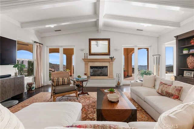 living room featuring a wealth of natural light, dark hardwood / wood-style flooring, and vaulted ceiling with beams