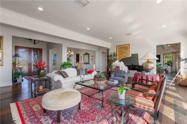 26088 Calle Catrina, Temecula, CA 92590 - living area with a chandelier, french doors, recessed lighting, crown molding, and wood finished floors