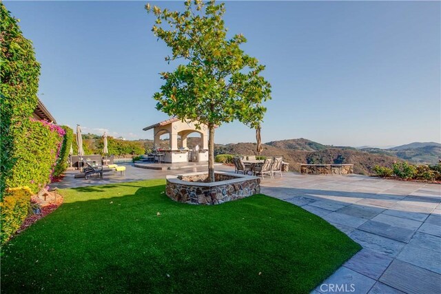 view of yard with a mountain view, an outdoor stone fireplace, and a patio