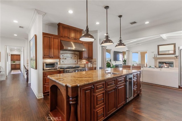 26088 Calle Catrina, Temecula, CA 92590 - kitchen featuring range hood, a sink, ornamental molding, beverage cooler, and backsplash