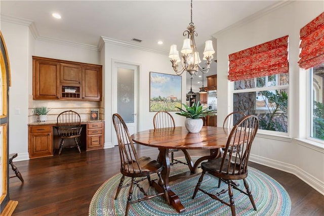26088 Calle Catrina, Temecula, CA 92590 - dining area featuring dark wood finished floors, a chandelier, crown molding, baseboards, and recessed lighting