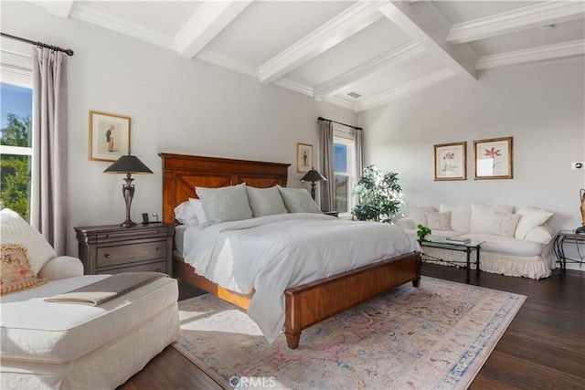 bedroom featuring dark hardwood / wood-style flooring, multiple windows, and beamed ceiling