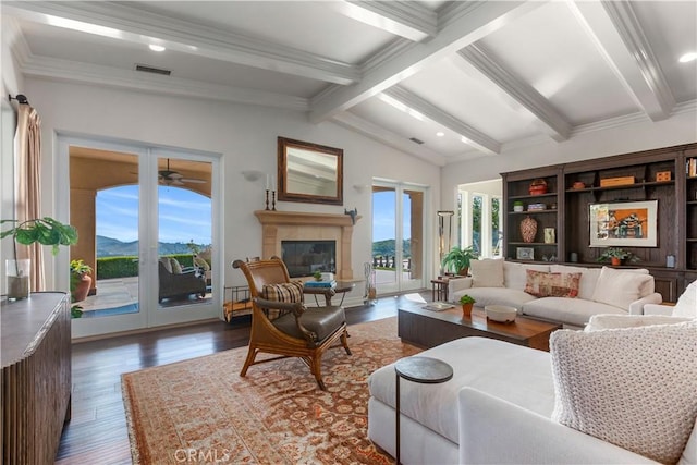 26088 Calle Catrina, Temecula, CA 92590 - living area with wood finished floors, healthy amount of natural light, ornamental molding, a glass covered fireplace, and french doors