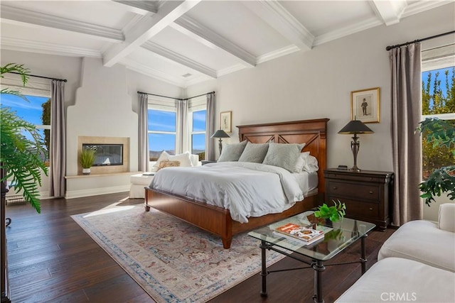 bedroom featuring vaulted ceiling with beams, dark wood-type flooring, and ornamental molding