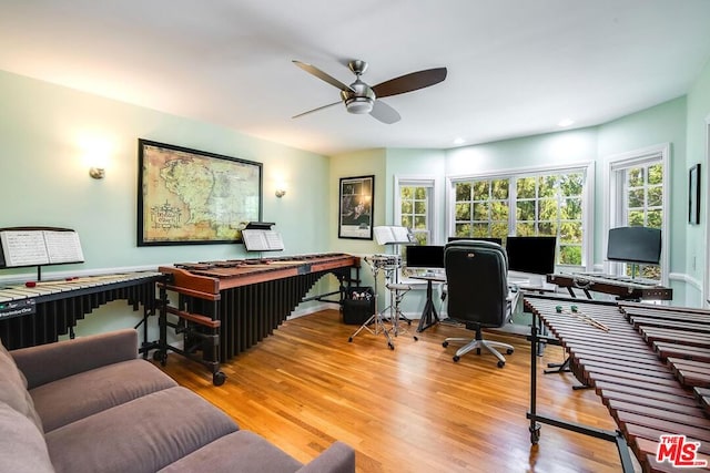 office area featuring hardwood / wood-style flooring and ceiling fan