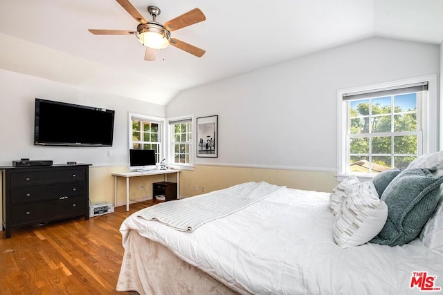 bedroom with vaulted ceiling, light hardwood / wood-style flooring, multiple windows, and ceiling fan