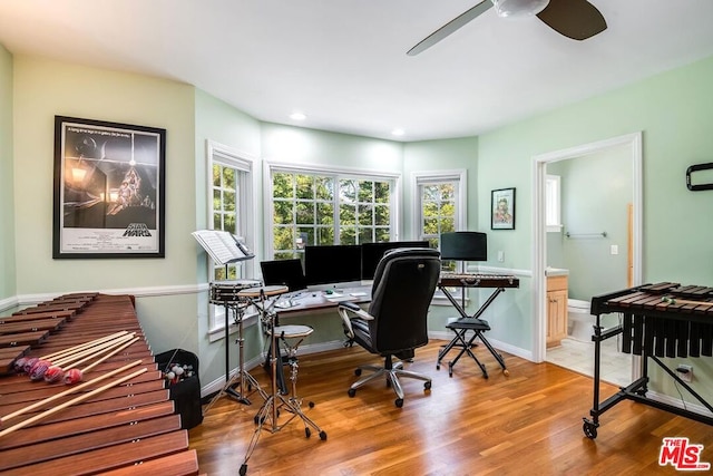 office space with ceiling fan and wood-type flooring