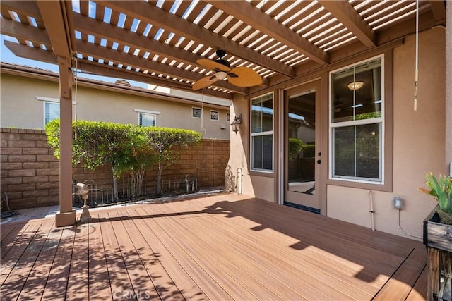 wooden deck featuring a pergola and ceiling fan