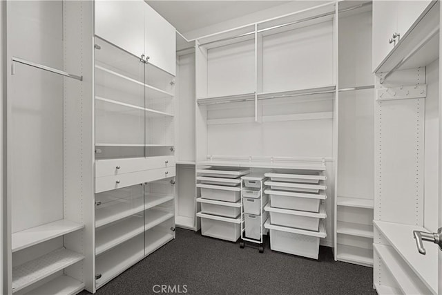 spacious closet featuring dark carpet