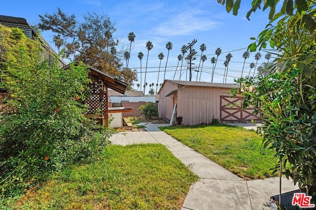 view of yard featuring a storage shed