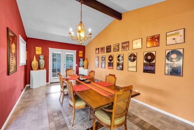 dining room with vaulted ceiling with beams, french doors, baseboards, and a chandelier