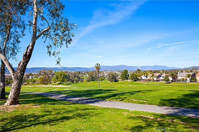 view of community featuring a yard and a mountain view