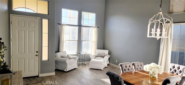 foyer with a towering ceiling, hardwood / wood-style flooring, and a healthy amount of sunlight