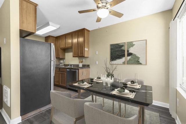 kitchen with stainless steel appliances, sink, and ceiling fan