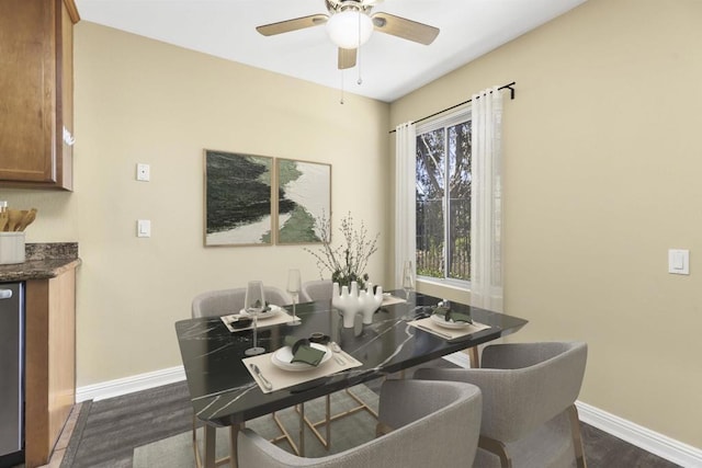 dining area with ceiling fan and dark hardwood / wood-style flooring