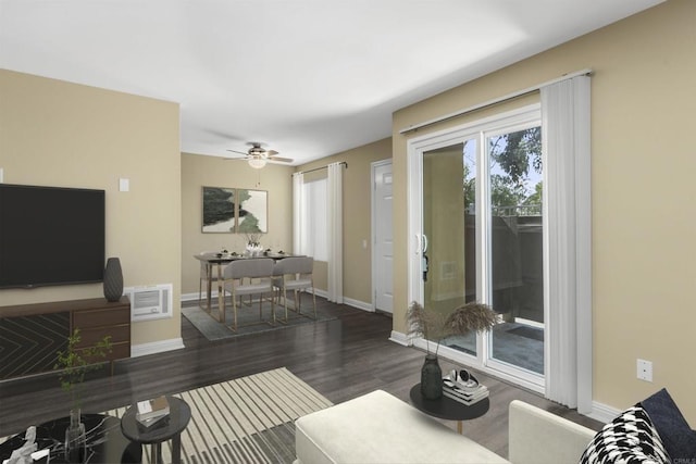 living room featuring dark wood-type flooring and ceiling fan